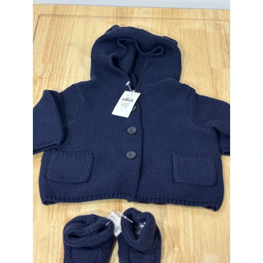 Baby Gap Boy Girl Navy Bear Hooded Cotton Cardigan Sweater & Booties 0-3 month